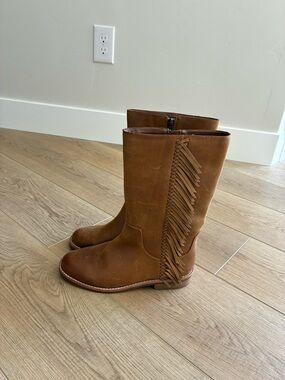 Bass Brown Leather Boots Mid-Calf Fringe Side Zip Western Size 5.5 Block Heel